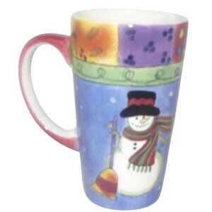 Holiday Snowman Ceramic Coffee Tea Mug w Festive Design & Red Handle 12 Oz